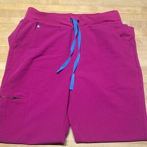 Figs Women's scrub Pants in Magenta with Blue Drawstring medium tall